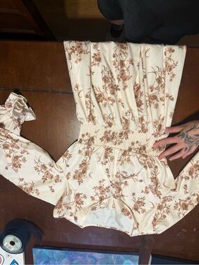 Floral Smocked-Waist Jumpsuit in Cream and Brown